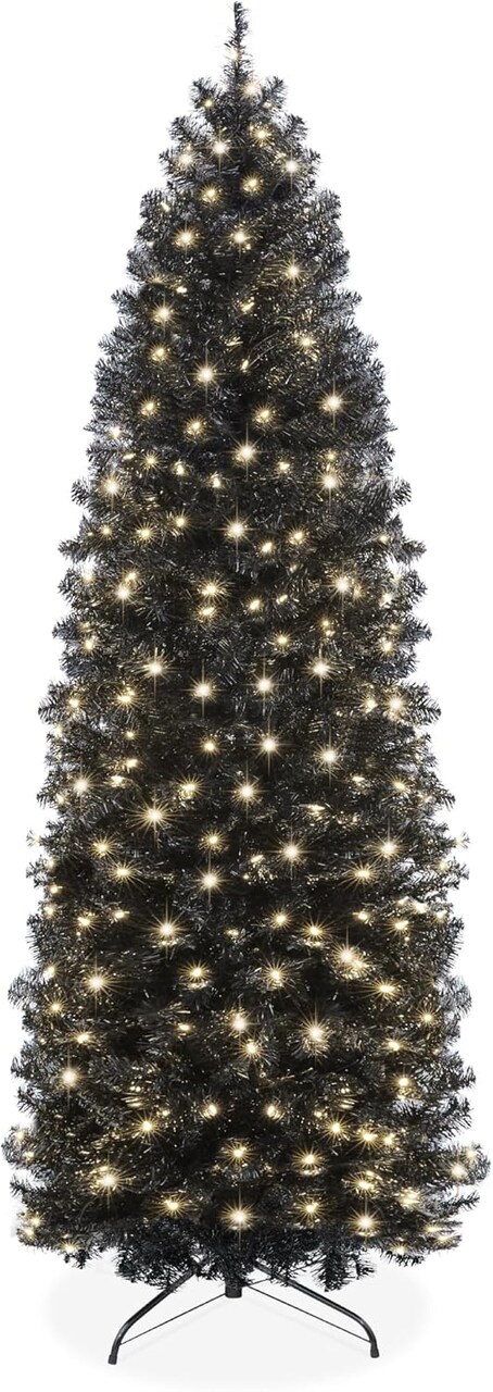 Pencil Artificial Christmas Tree with 300 2-in-1 White & Multicolor LED Lights & Sturdy Metal Base